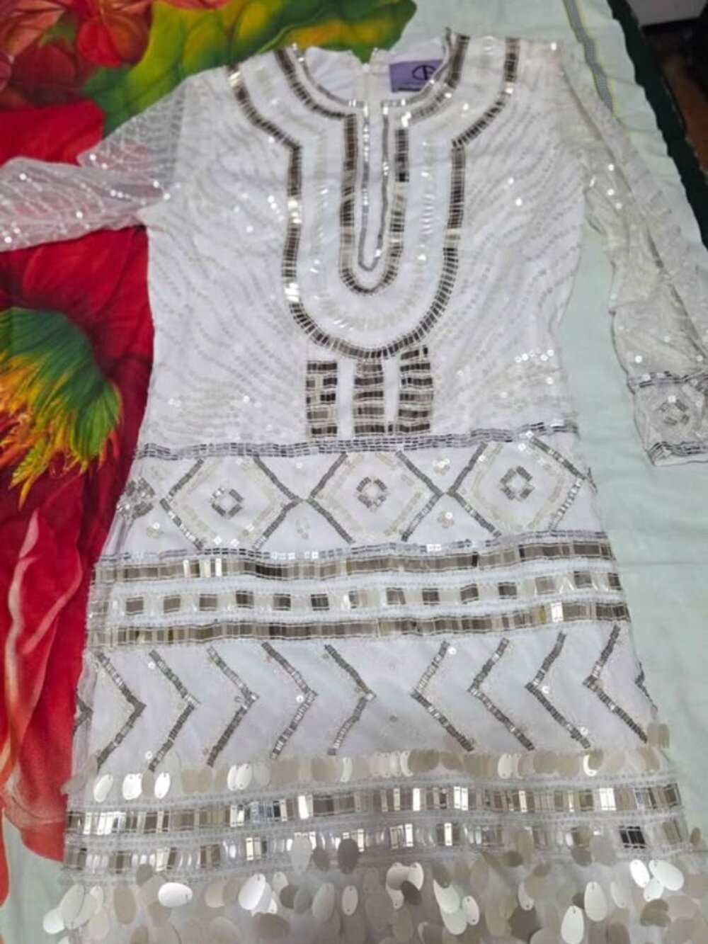 White & Silver Sequin Party Dress with Embellished Hem